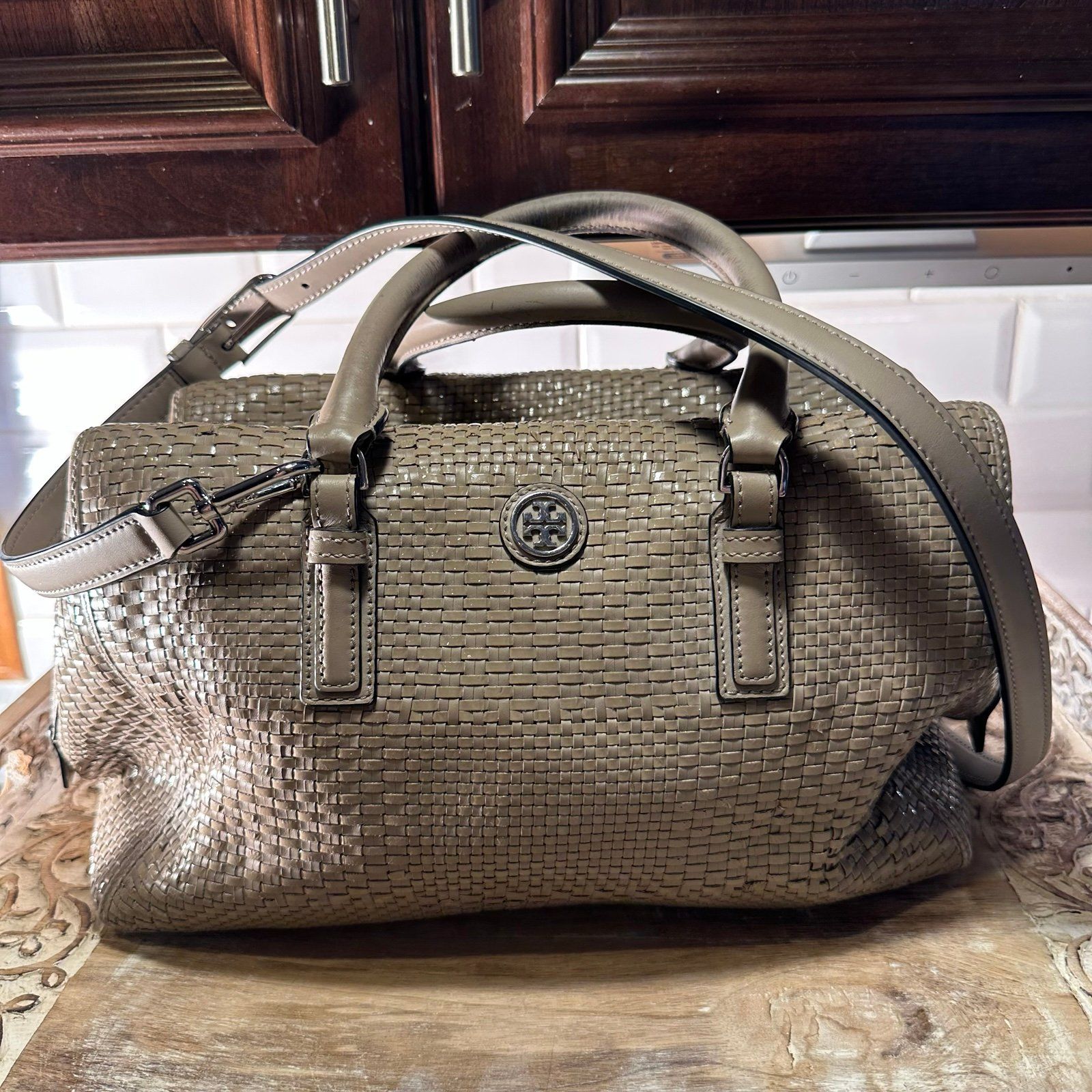 Tory Burch Robinson Woven Soft Satchel French Gray